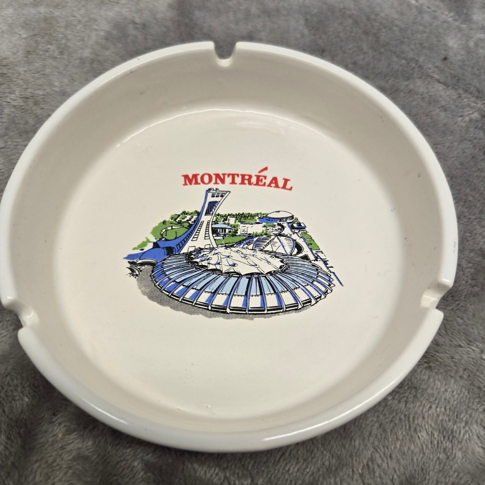 Vintage Montreal Olympic Stadium Souvenir Ceramic Ashtray White Canada 5.25"